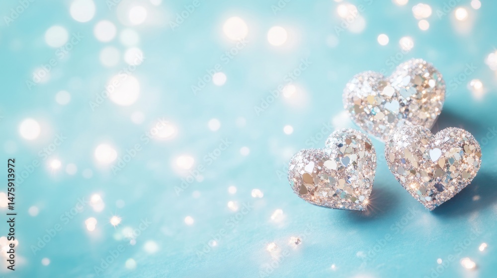 Three glittering heart shapes rest on a soft blue background, reflecting light and evoking feelings of love and joy during festivities