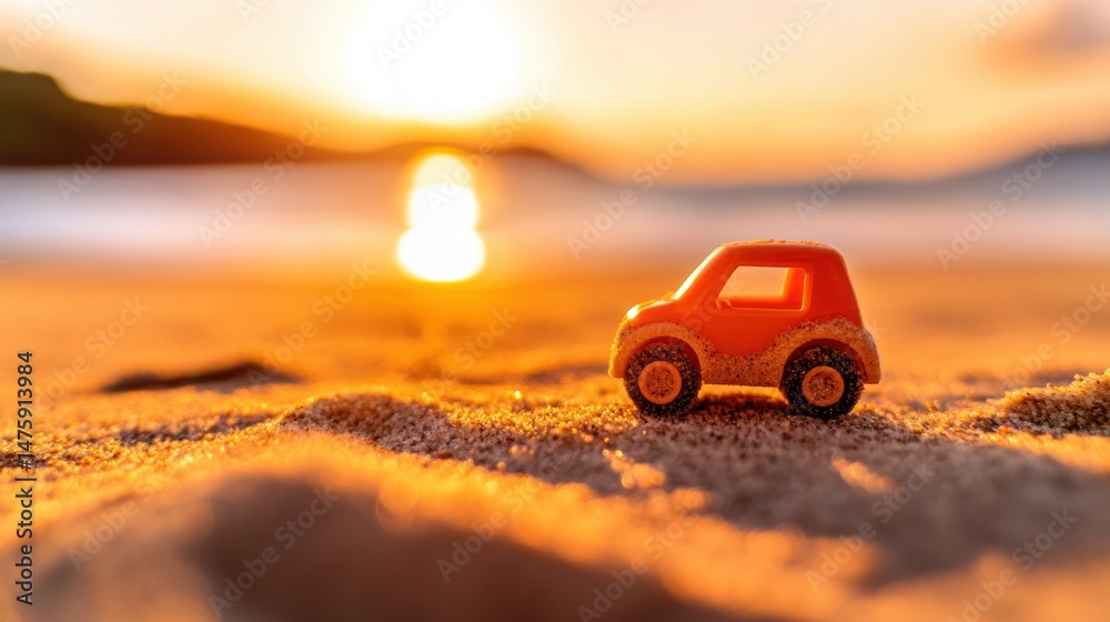 A small orange toy car sits in the sand as the sun sets over the ocean, casting warm light on the beach and waves