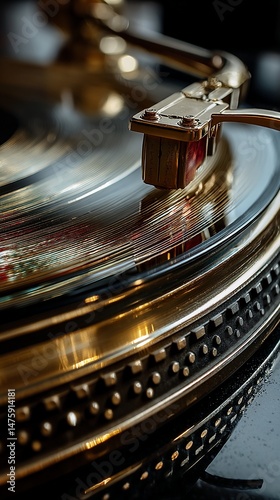 Close-up of a vintage turntable playing a record