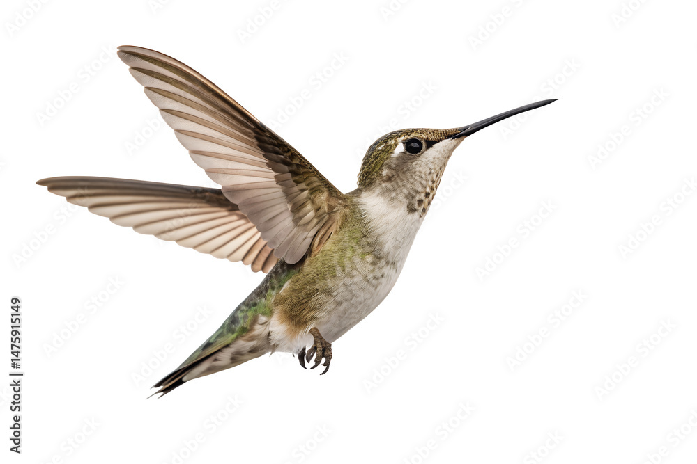 Fototapeta premium Hummingbird hovering with spread wings isolated against a plain backdrop on transparent background