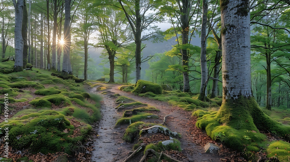 Fototapeta premium Lush Forest Trail Bathed In Golden Sunlight With Green Foliage And Mossy Ground