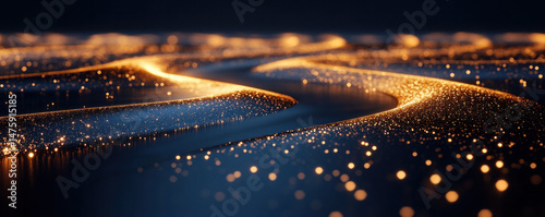 The image is a beautiful, glowing, and sparkling scene of a river with a blue background. The water is filled with glittering lights, creating a dreamy and ethereal atmosphere