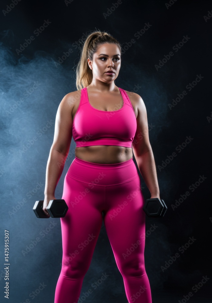 Obraz premium Confident woman in pink activewear lifting dumbbells in foggy gym ambiance for fitness motivation