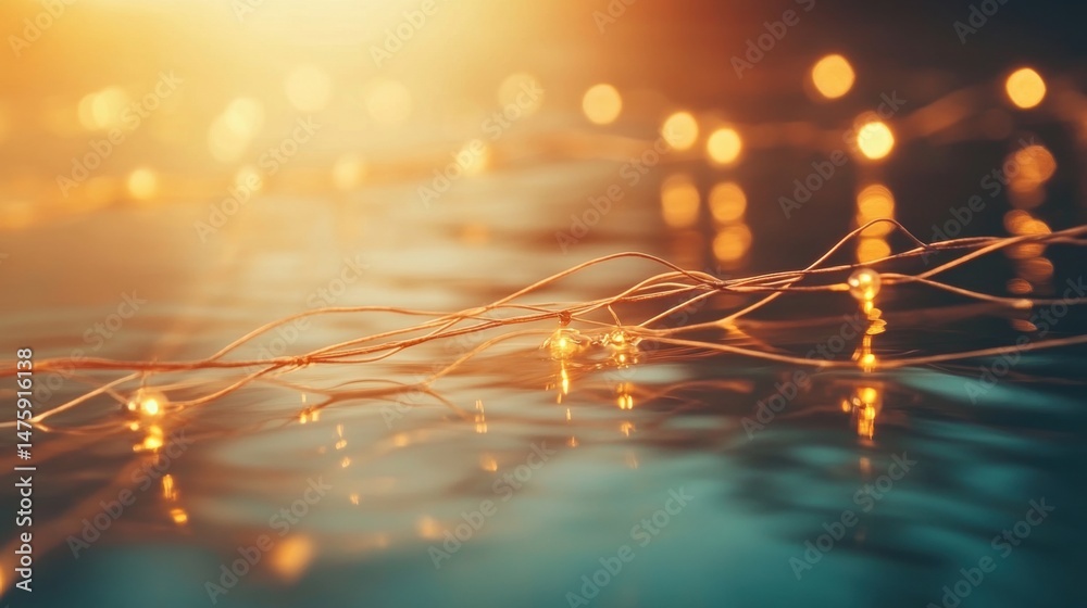 Delicate string lights sparkle softly on calm water while the sun sets, creating a peaceful and enchanting ambiance