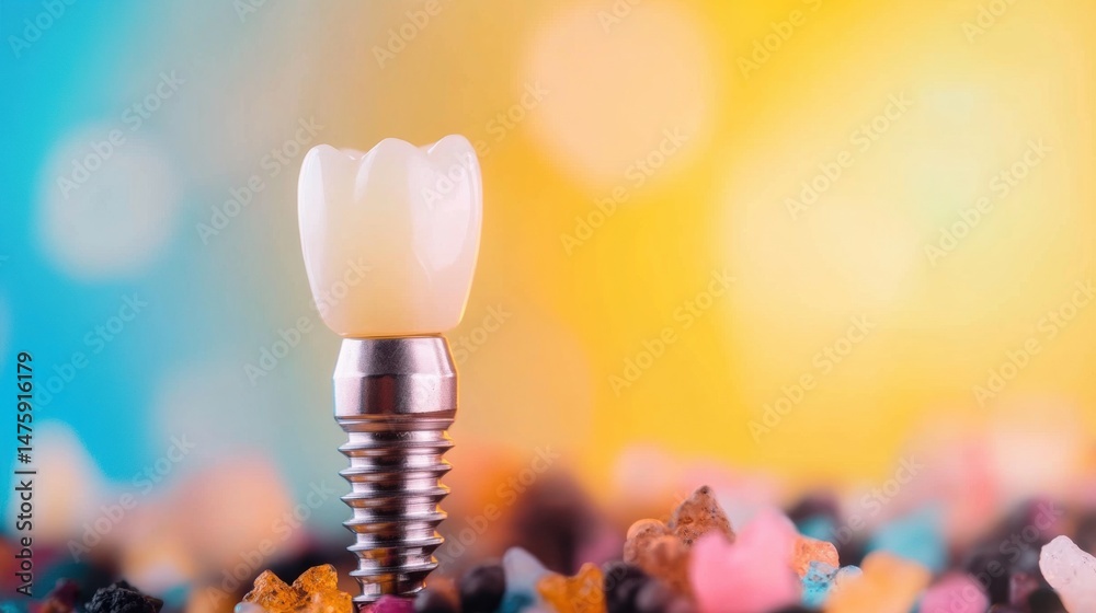 A close-up view of a dental implant is surrounded by vibrant stones, showcasing dental technology in a well-lit clinic environment