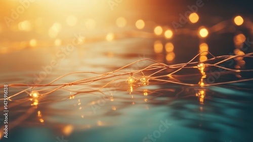 Obraz na płótnie Delicate string lights sparkle softly on calm water while the sun sets, creating a peaceful and enchanting ambiance w salonie