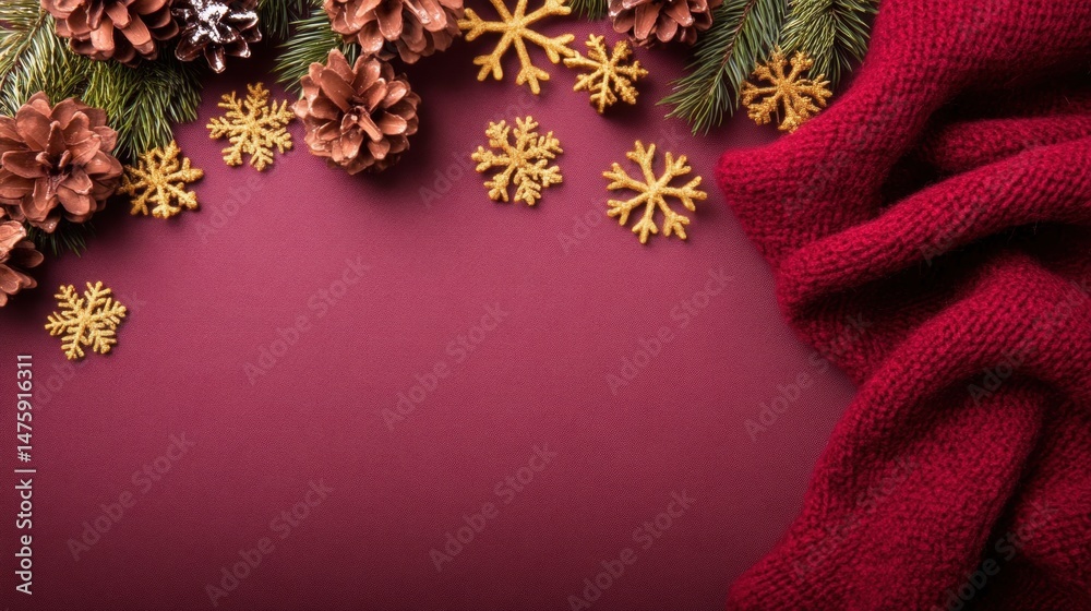 Pinecones, golden snowflakes, and a red knitted scarf are artfully arranged on a deep burgundy surface, creating a warm festive atmosphere