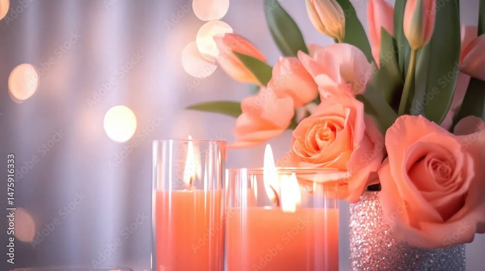 A beautiful display of pink roses and tulips is placed next to flickering candles, enhancing the inviting atmosphere for the gathering