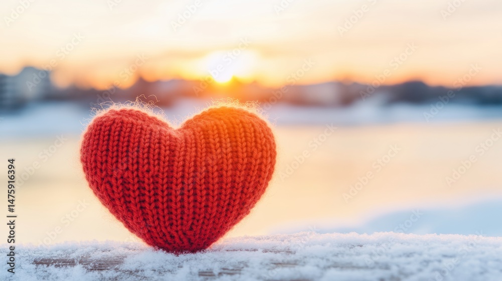 A soft red knitted heart stands on a snowy surface with a glowing sunset in the background, creating a peaceful winter atmosphere
