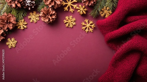 Obraz na płótnie Pinecones, golden snowflakes, and a red knitted scarf are artfully arranged on a deep burgundy surface, creating a warm festive atmosphere w salonie