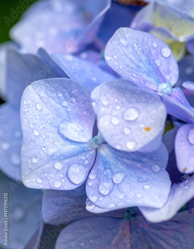 雨に濡れた紫陽花が透明な水滴を宿し、花びらの柔らかさとしっとりとした質感が際立つ。クローズアップで描かれる静かな梅雨の美しさ


