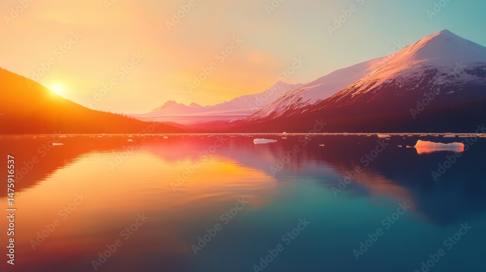 Vibrant colors fill the sky as the sun sets behind snow-covered peaks reflecting on the calm lake waters