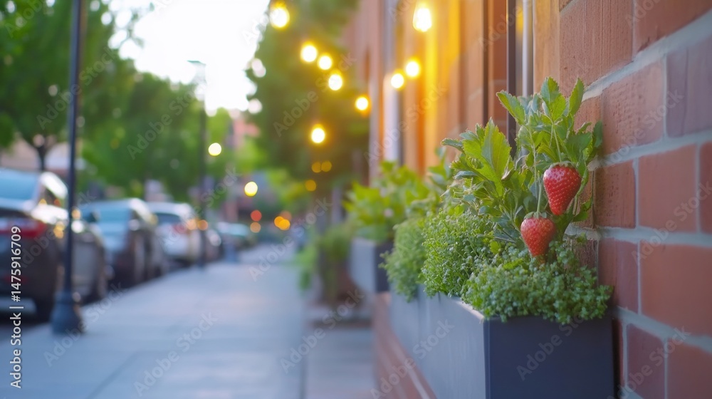 Red strawberries grow in a green planter beside a sidewalk, illuminated by soft lights from nearby buildings during the evening