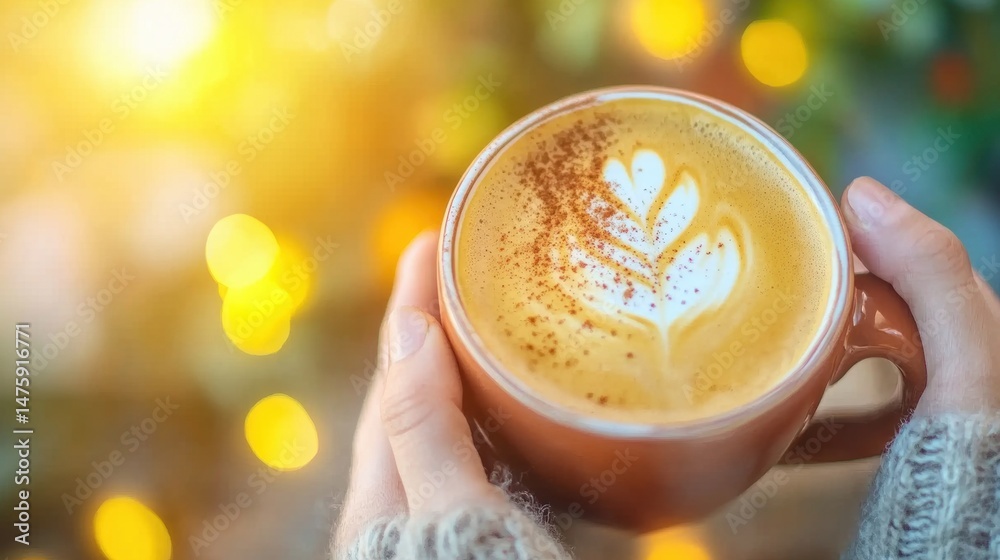 A person holds a cup of coffee with intricate latte art surrounded by soft morning light, creating a welcoming and cozy ambiance