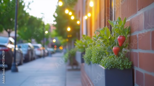 Obraz na płótnie Red strawberries grow in a green planter beside a sidewalk, illuminated by soft lights from nearby buildings during the evening w salonie