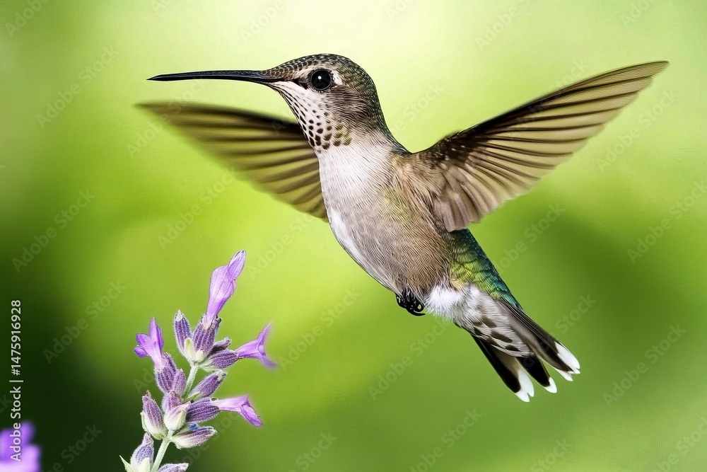 Fototapeta premium Close-up of a hummingbird hovering near a purple sage flower, with a soft green background and natural lighting. High-resolution photography.generative ai