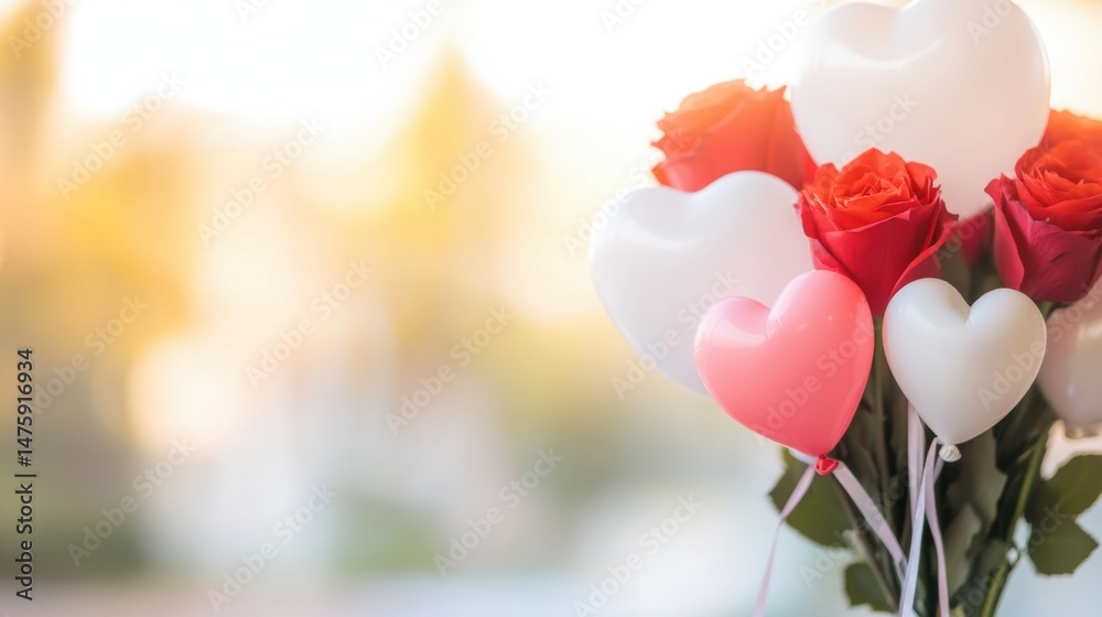 A vibrant arrangement featuring roses and heart-shaped balloons celebrates love during a warm sunset, creating a romantic atmosphere