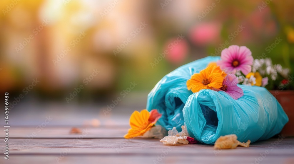 Bright flowers overflow from blue trash bags resting on a wooden surface in a sunlit garden, showcasing nature's beauty amidst waste