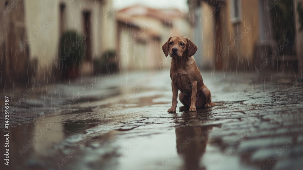 A small dog patiently sits on a cobblestone street as rain falls gently in a charming village setting surrounded by old buildings