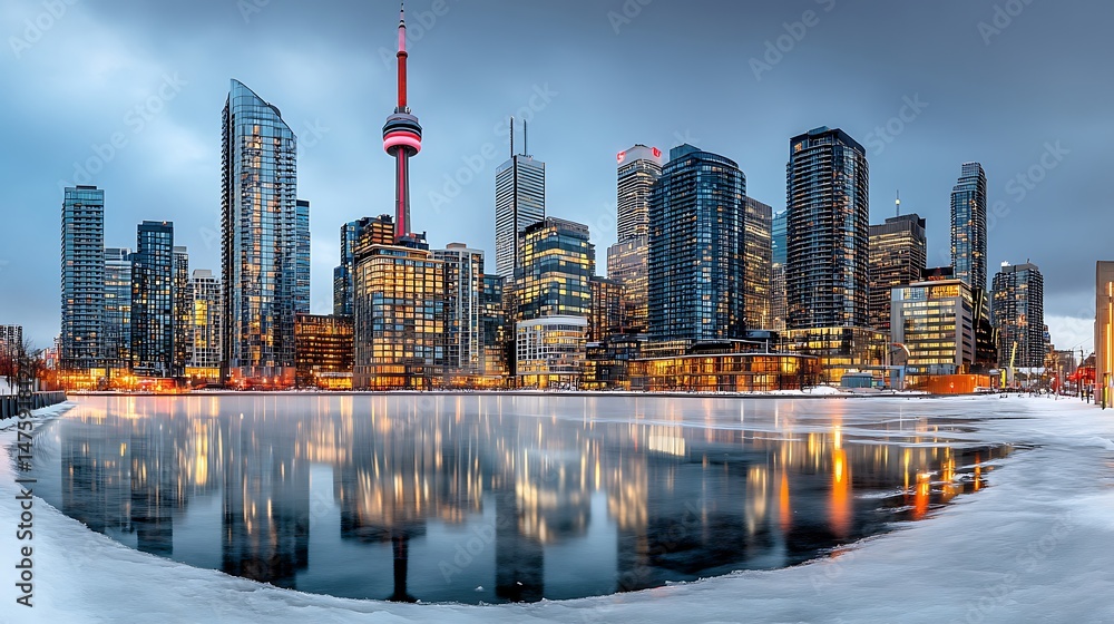 Fototapeta premium Urban skyline at sunset toronto ultra hd panoramic photo winter reflections aerial view