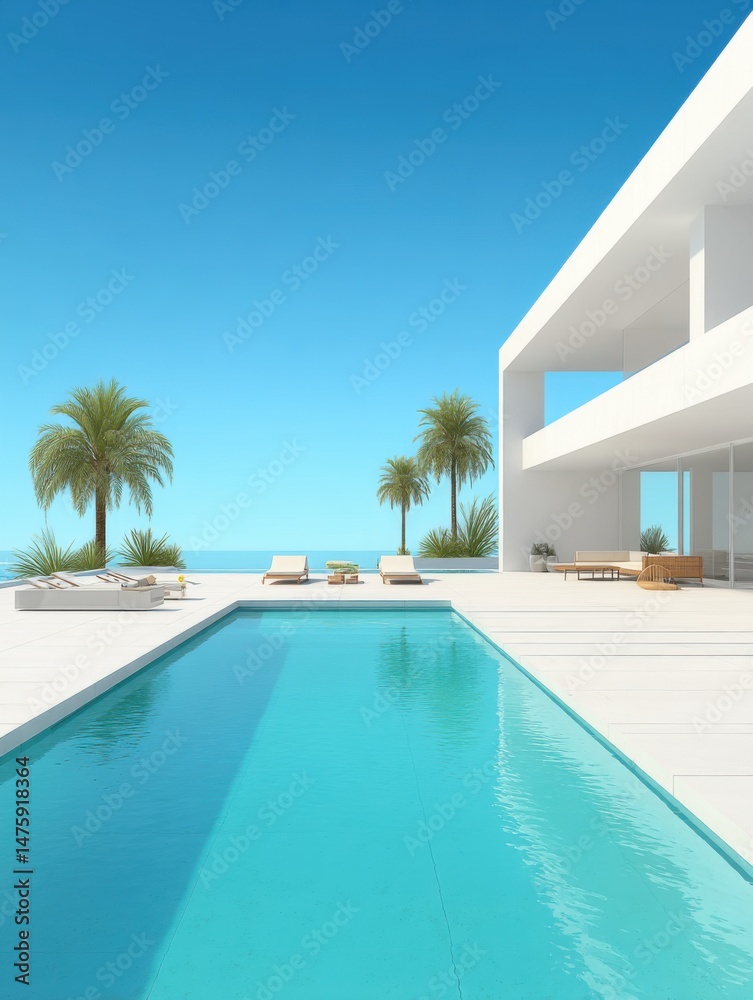 Fototapeta premium Modern luxury villa with pool and ocean view in tropical paradise, showcasing minimalist architecture and serene atmosphere, sunny day