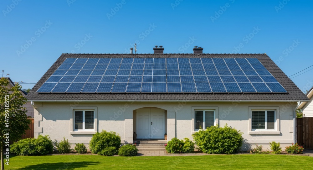 Sustainable energy home with solar panels on rooftop under clear blue sky