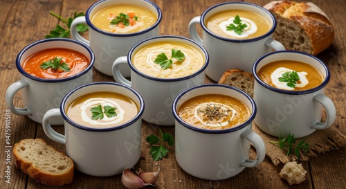 Assorted creamy soups in rustic mugs on wooden table with fresh bread and herbs