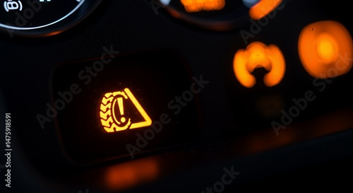 Close-up of illuminated tire pressure monitoring system (TPMS) warning light on car dashboard