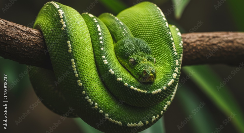 Vibrant green snake coiled on branch in lush forest setting