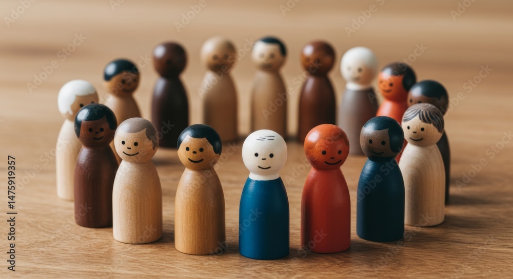Diverse community of wooden dolls representing unity and inclusion concept