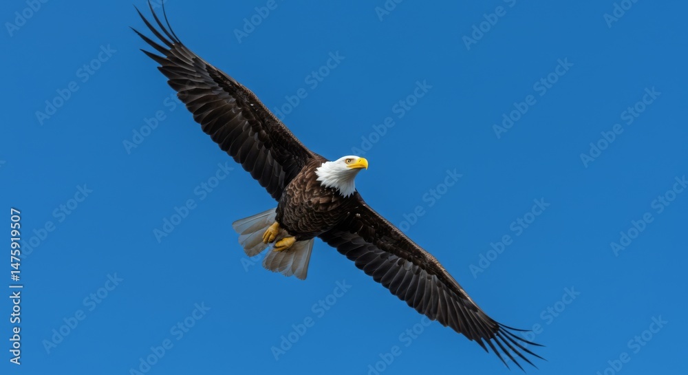 Majestic bald eagle soaring against clear blue sky