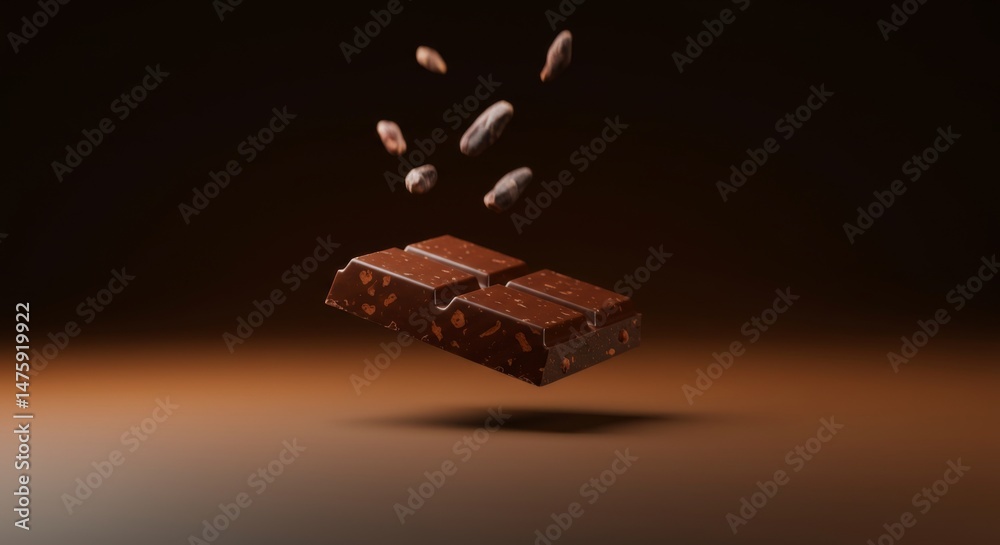 Dynamic chocolate bar and cocoa beans floating in a dark gradient background