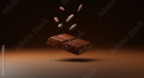 Obraz na płótnie Dynamic chocolate bar and cocoa beans floating in a dark gradient background w salonie