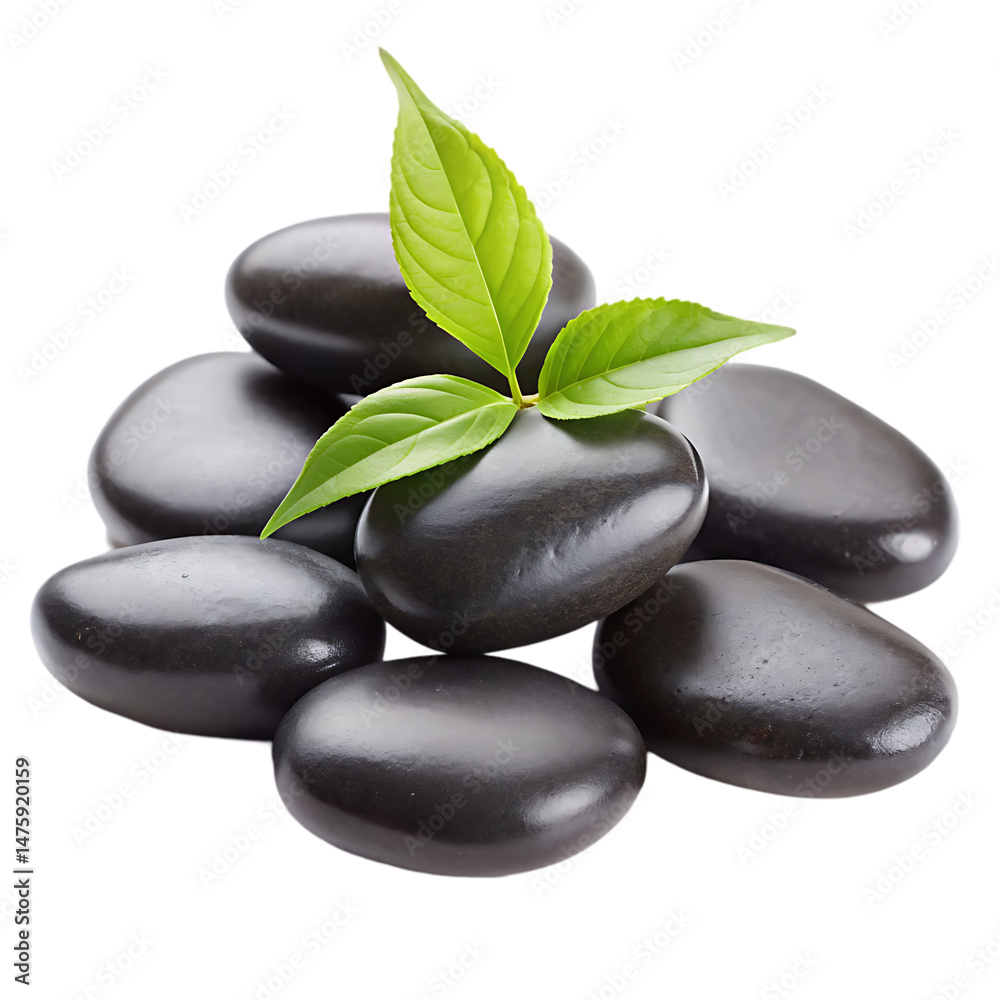 Fototapeta premium Smooth Black Stones and Green Leaves: Perfect Zen Garden Image