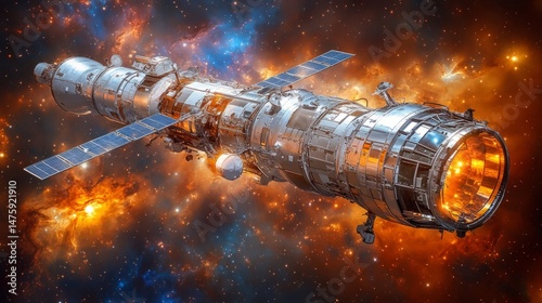 Spacecraft in Nebula: A futuristic spacecraft soars through a vibrant nebula, showcasing intricate details and powerful engines against a backdrop of cosmic wonders.