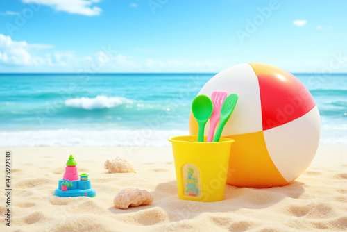 Wallpaper Mural beach ball bucket and shovels on the sand at the beach Torontodigital.ca