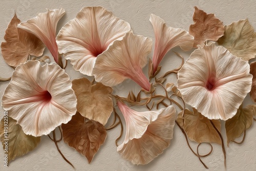 Fototapeta Naklejka Na Ścianę i Meble -  Decorative arrangement of light peach and brown flowers and leaves.