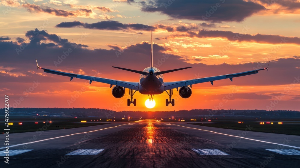 Fototapeta premium Airplane landing at sunset, runway ahead, vibrant sky