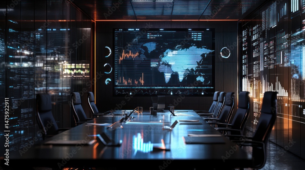 Fototapeta premium Futuristic Corporate Conference Room with Global Data Visualization