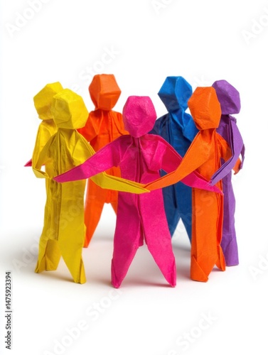 Origami figures in circle holding hands symbolizing teamwork and unity on white background studio shot