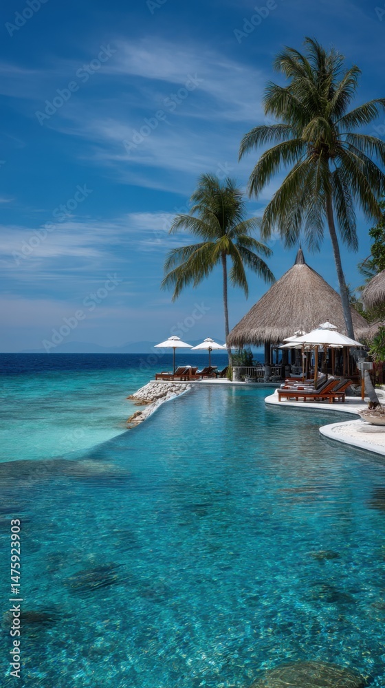 Fototapeta premium Tropical Infinity Pool View of Ocean and Palm Trees at Luxury Resort in Maldives on Sunny Day