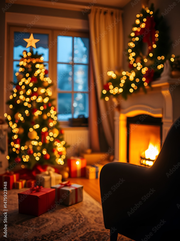 Obraz premium Cozy room with a defocused Christmas tree, gifts, and lit fireplace at night, perfect for postcards, featuring soft focus and shallow DOF