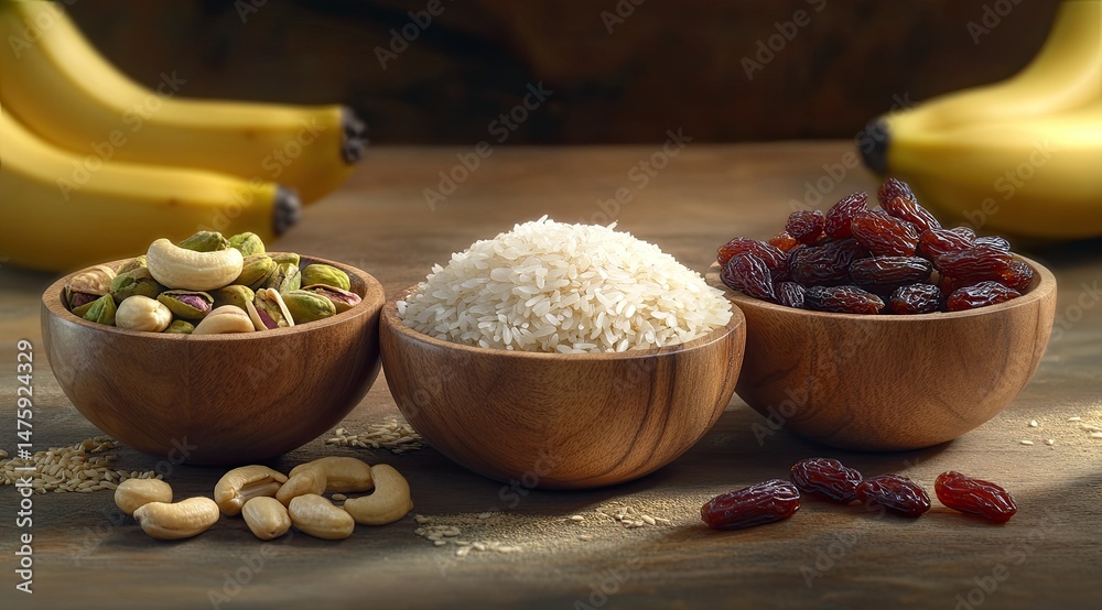 Three wooden bowls hold rice, pistachios & cashews, and raisins; bananas in the background Three wooden bowls hold rice, pistachios & cashews, and raisins; bananas in the background