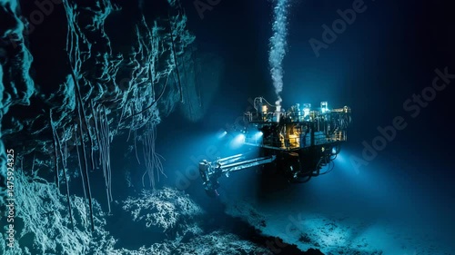 A deep-sea mining exploration vehicle slowly hovering over the ocean floor, scanning and extracting minerals from the seabed
