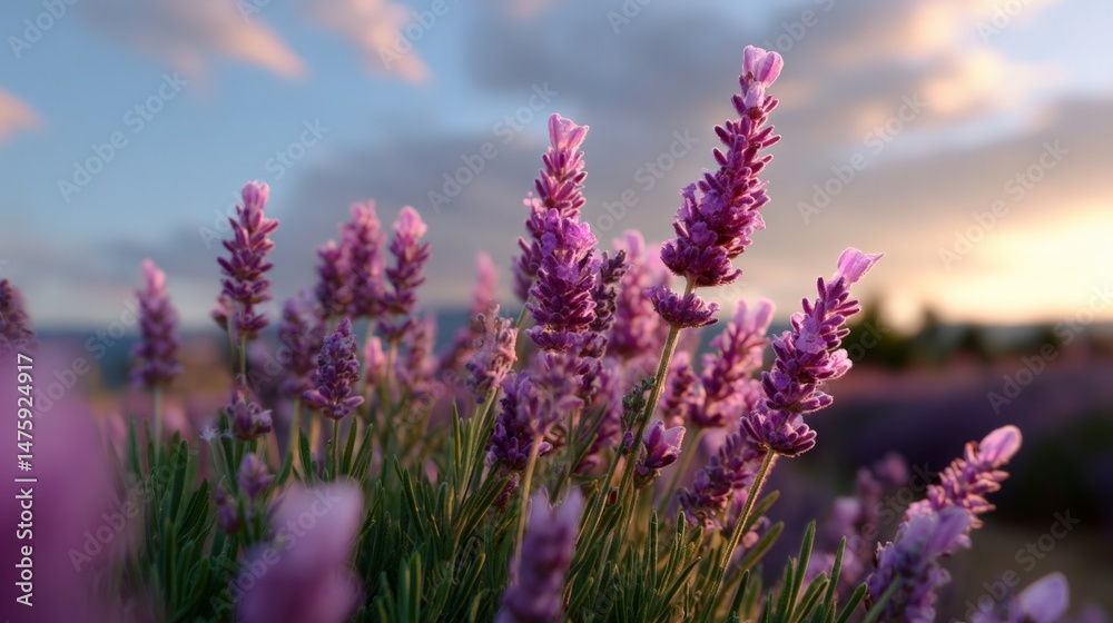 Obraz premium Lavender blooms at sunset in a serene field with soft clouds