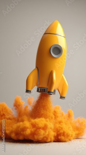 Yellow Rocket Launching with Orange Smoke Plume Low Angle Studio Shot on Neutral Background for Space Exploration Concept
