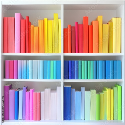 Bookshelf Display with Colorful Books Arranged by Color Spectrum in White Shelves Studio Shot