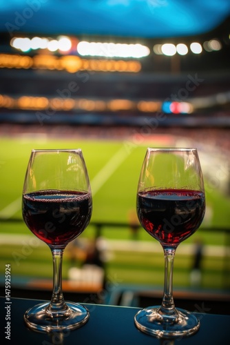 Two Glasses of Red Wine at a Football Stadium, Elevated View, Luxury Box, Evening, Celebration, Relaxation, Entertainment, Lifestyle