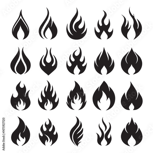 Fire icon collection. Y2K Style Flame Icons Set – Hand Drawn Fire Symbols, Grunge Flame Frames, Bonfire Silhouettes, Flat Fire Logos