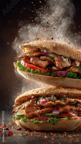 Delicious Doner Kebab Sandwiches Stacked High with Fresh Vegetables and Spices in a Dramatic Food Still Life Studio Shot